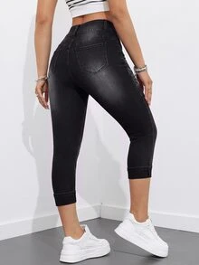 SHEIN Essnce 7英吋女款牛仔緊身牛仔褲 - 黑色 - 查看 2