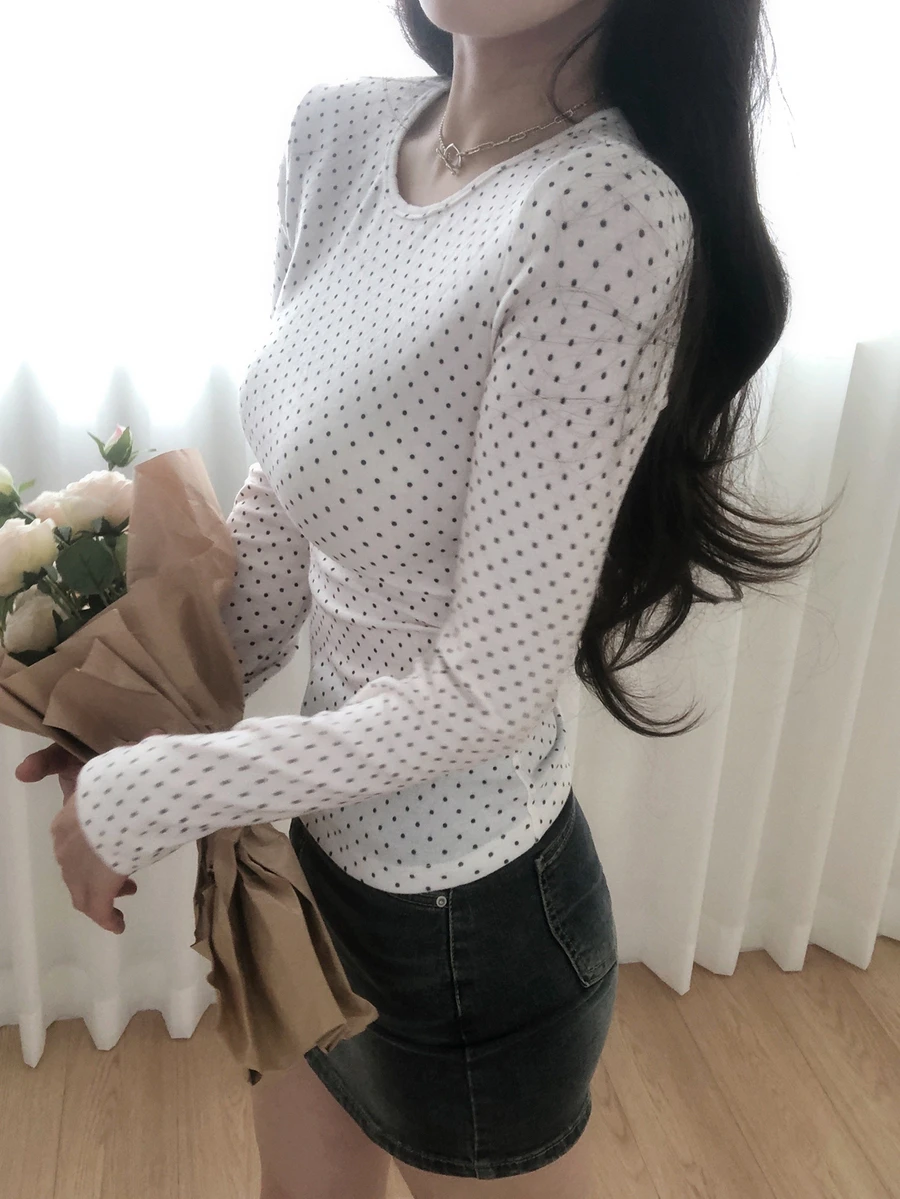 DAZY 女款韓式波點優雅女孩長袖蝴蝶結襯衫 - 白色 - 查看 1