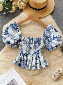 Roelina Women's Vacation Branch Pattern Short Petal Sleeve Top - White - View 2