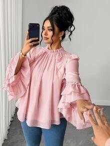 Elenzga Plus Size Chiffon & Satin Patchwork Cape Sleeve 2 In 1 High Neck Layered Hem Decorative Blouse, Elegant For Outings, Dates, Parties, Daily Commute - Pink - View 7