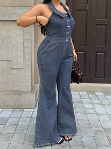 Rivivi Plus Size Women's Stretch Denim Striped Jumpsuit, High-Intellect Striped Design Jumpsuit, Cowboy Outfits For Women - Blue - View 5
