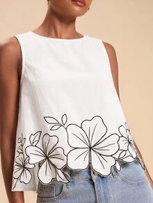Travachic 花卉刺繡無袖上衣，適合度假與休閒穿著 - 白色 - 查看 6