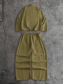 AXEPEAK Men's Casual Solid Color Shirt And Pants Set - Green - View 7