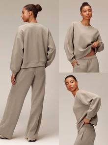 GLOWMODE Soft-Brushed Modal Just Relax Raglan Sweatshirt With Ribbed Side Panels & Side Split Hem Daily Casual Travel Vacation Wear - Khaki - View 7