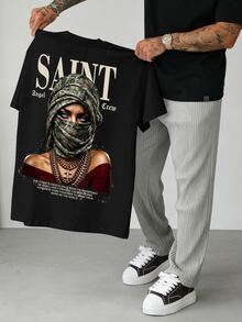 Manfinity LEGND 男士字母與圖案印花短袖休閒寬鬆版型T恤 - 黑色 - 查看 4