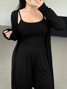 Dazy Plus Solid Color Fitted Camisole, Long Pants, Long Cardigan Casual Slouchy 3 Pieces Set - Black - View 1