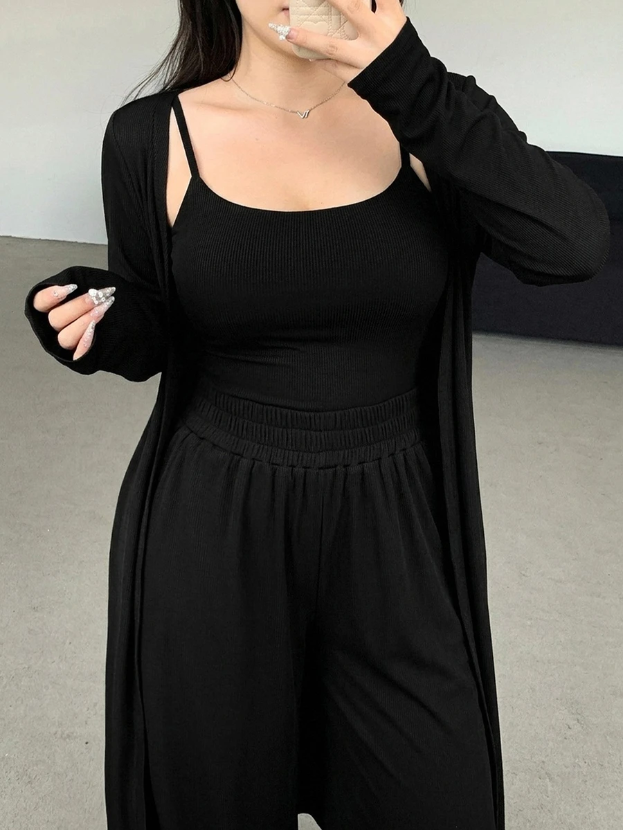 Dazy Plus Solid Color Fitted Camisole, Long Pants, Long Cardigan Casual Slouchy 3 Pieces Set - Black - View 1