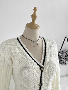Elamini Cardigan Rajut Kabel Warna Kontras Leher V Kancing Tunggal Saku Jaket Manis Gaya Kasual Preppy Sweater Depan Terbuka Wanita - Putih - View 4