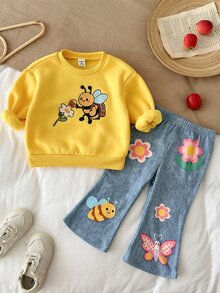 LMoss Kids 女嬰針織可愛卡通蜜蜂圖案圓領運動衫與喇叭褲 2 件套 - 彩色 - 查看 3