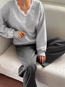 DAZY Women's Contrast Lace Long Sleeve Top And Long Pants Pajama Set - Grey - View 3