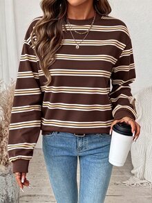 SHEIN LUNE 女款休閒條紋拼接配色長袖運動衫，適合日常穿著 - 白色 - 查看 2