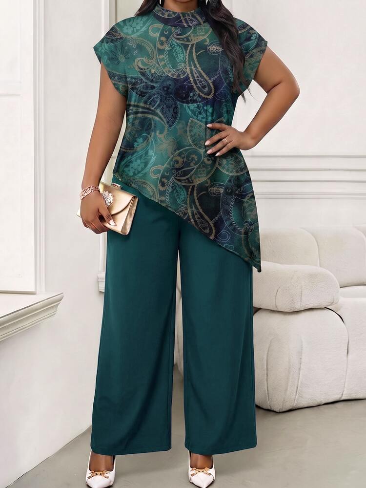 SHEIN Lady Plus Size Women's Floral Print Stand Collar Top And Pants Casual Elegant Daily Outfit (Suitable For Office, Tea Party, Party And Other Occasions, Autumn/Winter New Style) - Multicolor - View 5