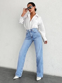 SHEIN Cottnline Plus High Waist Casual Style Light Blue Wash Regular Fit Buton Front Straight Jean Formal Club Summer - Light Wash - View 3