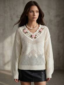 Livesso Women's Hollow Knit 3D Floral Decor Sweater Autumn Brunch Floral Off-White Fairycore Cottagecore Romantic Cottagecore Whimsical - Beige - View 3
