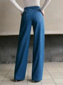 MOTF PREMIUM CELANA JEANS DENIM WANITA BERHIAS BATU PERMATA MODEL LURUS - Light Wash - View 5