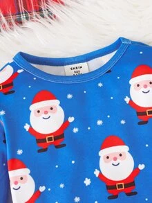 2件組兒童嬰兒休閒聖誕老人雪花舒適全印花圓領套頭長袖睡衣，修身合身 - 藍色 - 查看 4