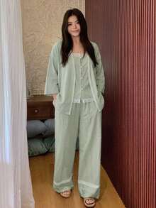 Dazy Plus 度假風 3 件式居家服套裝，3D 波點紋理布料，大尺碼女款春夏白色睡衣套裝 - 薄荷綠 - 查看 5