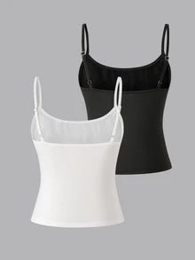 SHEIN Kids Tween Girl Solid Color Knitted Fitted Casual Camisole Tank Top 2pcs Pieces Set - Black and White - View 2