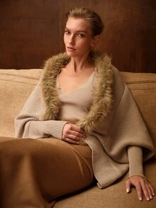 MOTF PREMIUM WOMEN'S ELEGANT KHAKI PATCHWORK FAUX FUR SHAWL CARDIGAN - Khaki - View 7