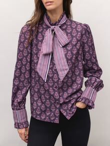 Nöista  Straight-Cut Bowknot Shirt, Retro Floraland Striped Patchwork,  French, Pastoral Charm, Elegance.Practicality, Elegance And Modern.Fall/Winter,. - Multicolor - View 3