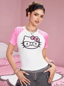 HELLO KITTY AND FRIENDS | SHEIN Women's Polka Dot Cartoon Print Fitted Versatile Casual Short Sleeve T-Shirt - White - View 4