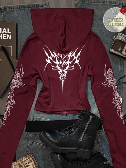 Attitoon Casual Burgundy Street Vintage Gothic Geometric Tattoo Pattern Vintage Sexy Cute Y2K Coconut Girl Boho Hippie Style Music Festival Long Sleeve Hooded Zip-Up T-Shirt Suitable For Autumn/Winter