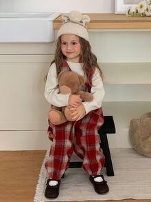 Dazy Kids Young Girls' Plaid Sleeveless Loose Red Autumn/Winter Brushed Fleece Jumpsuit - Brown - View 7