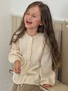 Dazy Kids Young Girls Loose Long Sleeve Autumn/Winter Cinched Waist Tie-Front Cardigan Thick Sweater - Apricot - View 5