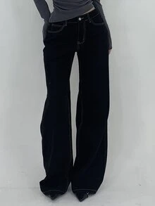 Dazy Tall Women's Black And White Jeans With Contrast Stitching Summer School Everyday Casual Street - Black - View 2