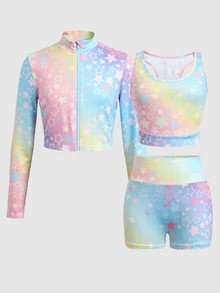 SHEIN 兒童青少年女孩彩虹星星印花針織三件套：長袖半拉鍊小立領上衣、露背細肩帶背心與單車褲運動套裝，返校穿搭 - 彩色 - 查看 2
