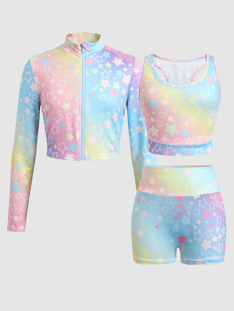 SHEIN Kids Tween Girl Rainbow Star Print Knit 3-Piece Set: Long Sleeve Half-Zip Mock Neck Top, Back Cutout Camisole Tank Top And Biker Shorts Sports Outfit, Back To School - Multicolor - View 2