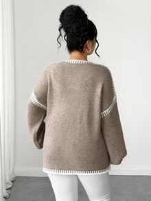 Elenzga Plus Size Women's Loose Lazy Flattering Slimming Thick Dropped Shoulder Long Sleeve Knit Cardigan - Khaki - View 2