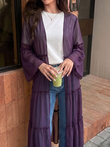 Yasmyna عباية نسائية من الشيفون الشفاف البنفسجي بأكمام طويلة وقصة فضفاضة مع حافة مكشكشة متعددة الطبقات، مناسبة للعطلات والاستخدام اليومي والمواعيد والتنقل - أحمر بنفسجي - مشاهدة 6