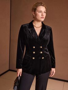 MOTF PREMIUM PLUS SIZE WOMEN'S AUTUMN/WINTER VELVET DOUBLE-BREASTED FITTED BLAZER - Black - View 6