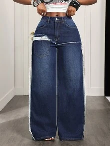 Slaydiva Women's Casual Daily Denim Straight Leg Pants With Pockets And Buttons - Dark Wash - View 8