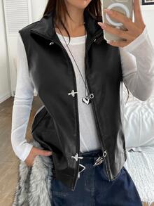 K-Vae Women's Black Zipper Front Casual PU Leather Vest Jacket - Black - View 5