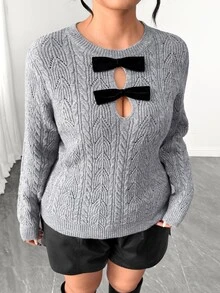 Elenzga Hollow Cable Round Neck Double Bow Front Cutout Slim Fit Long Sleeve Sweater - Grey - View 4
