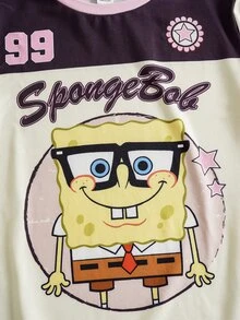 SpongeBob SquarePants | SHEIN تي شيرت كاجوال بطبعة حروف وياقة دائرية وأكمام قصيرة للفتيات المراهقات - لون مشمشي - مشاهدة 4