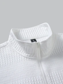 Manfinity Homme Men's Knitted Jacquard Solid Color Textured White Zipper Leather Patch Cuff Hem Leg Opening White Ribbed Pullover Sweatshirt Set - White - View 6