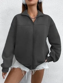 SHEIN Unity 女款純色休閒百搭日常穿著長袖運動衫 - 深灰色 - 查看 3