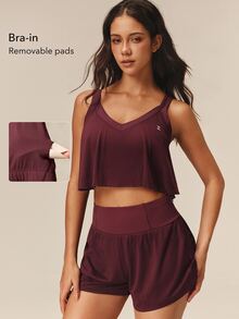 OutZeal Women Sports Tank Casual Gym Workout Breathable Vent Bra-In With Removable Pads Cropped T-Shirt - Burgundy - View 3