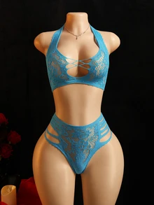 ChaseTheNight Conjunto de Lingerie Feminino Sexy Preto com Sutiã de Renda com Alça Halter e Tiras Cruzadas + Calcinha de Cintura Alta 2 Peças - Azul - Visão 3