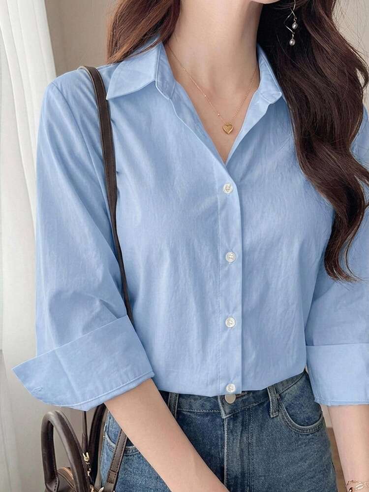 DAZY Women's Casual Single-Breasted Long Sleeve Shirt For Business Office Fall - Blue - View 6