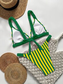SHEIN Swim 女款夏季度假休閒海灘穿著 紅藍條紋圖案印花兩件式比基尼綁帶泳衣套裝 - 彩色 - 查看 3
