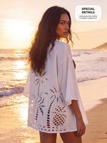 CAJUNI Vacation Beach Vacation Solid Color Hollow Out Kimono White Summer Tropical - White - View 1