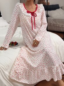 Napfluff Women's Standard Size Cherry Print Ruffle Trim Long Sleeve Nightgown, Lace Collar Decor Pajamas, Cute Style, Suitable For Home And Outdoor Wear, All Season - Apricot - View 4
