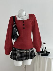 Elamini 女款純色休閒百搭日常長袖針織衫 - 紅色 - 查看 5