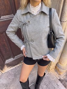 TRNVIE Mantel Pendek Wanita Musim Gugur/Dingin untuk Perjalanan Kantor, Warna Abu-abu, Gaya Prancis Elegan - Grey - View 4
