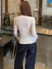 DAZY 女款波點印花鈕扣半開襟長袖休閒T恤 - 白色 - 查看 2