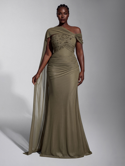 Elitara Plus Size Elegant Romantic Grey Minimalist Sophisticated Off-Shoulder Slimming Ruched Asymmetrical Neckline Pearl & Rhinestone Embellished High Slit Bodycon Mermaid Tail With Train Heavy Work Evening Gown For Wedding And All Formal Events
